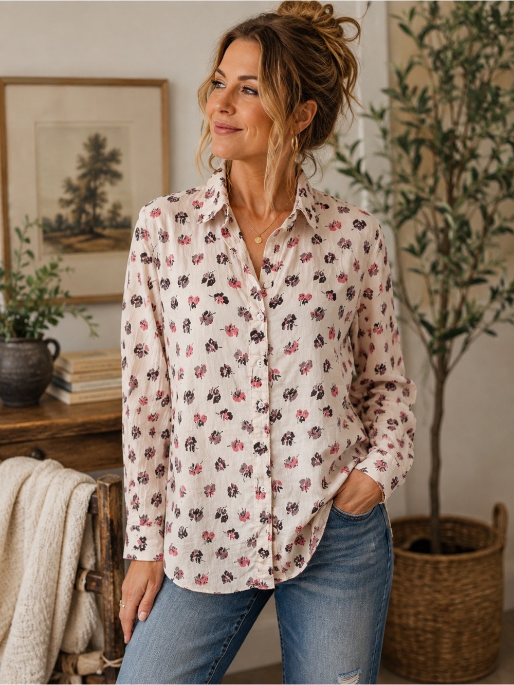 Cino Floral Crinkle Button Down Shirt XL Cotton Pink Black Cottagecore